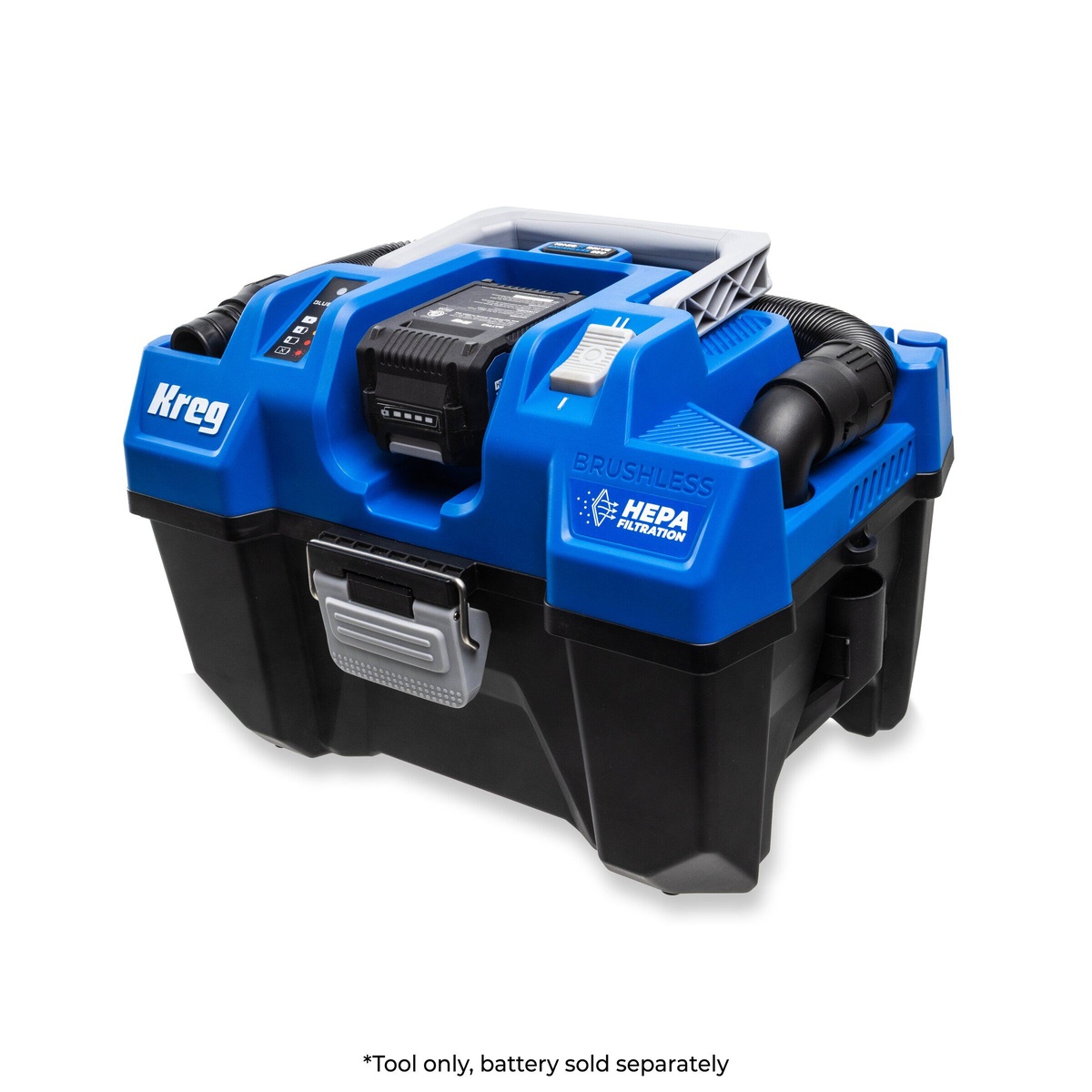 Kreg 20V Ionic Drive Wet/Dry Vac with HEPA assembled for cordless dust collection on a workbench with battery installed and compact portable body