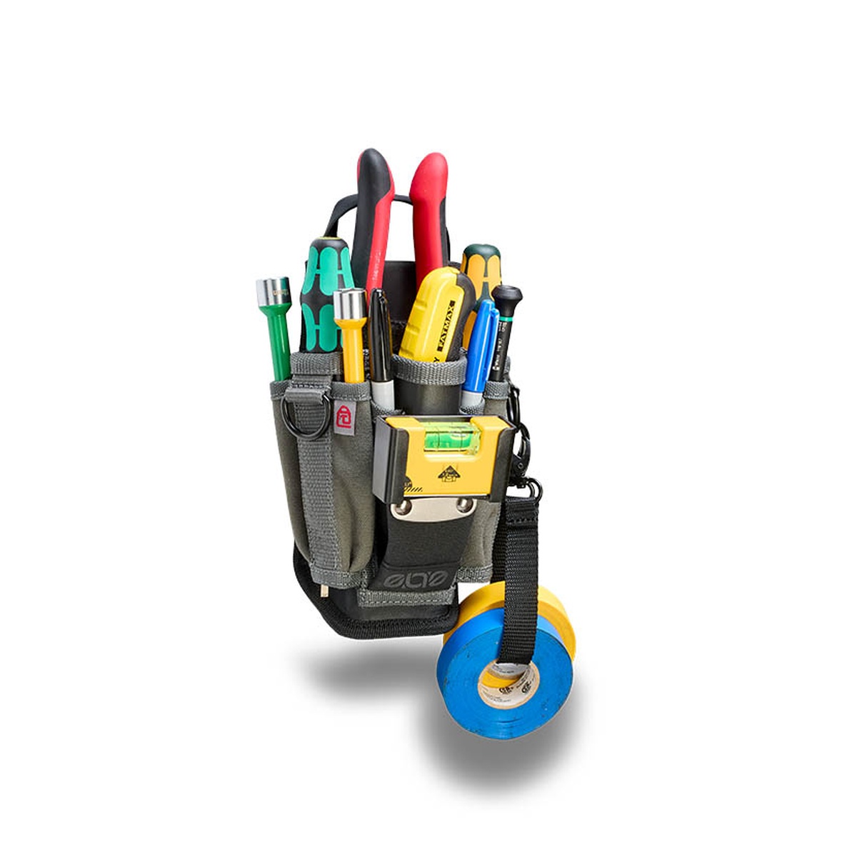 Veto Pro Pac MP1 EVO Small Tool Pouch loaded with hand tools, tape, and a level for electrical and networking service work