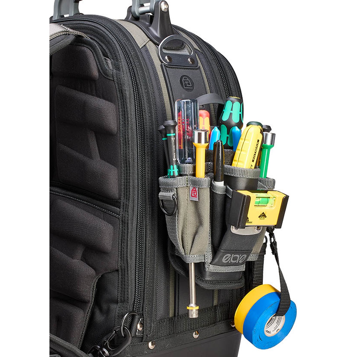 Veto Pro Pac TECH PAC EVO Large Tool Backpack showing side-mounted hand tools, tape roll, and clipped accessories for electrical and service work