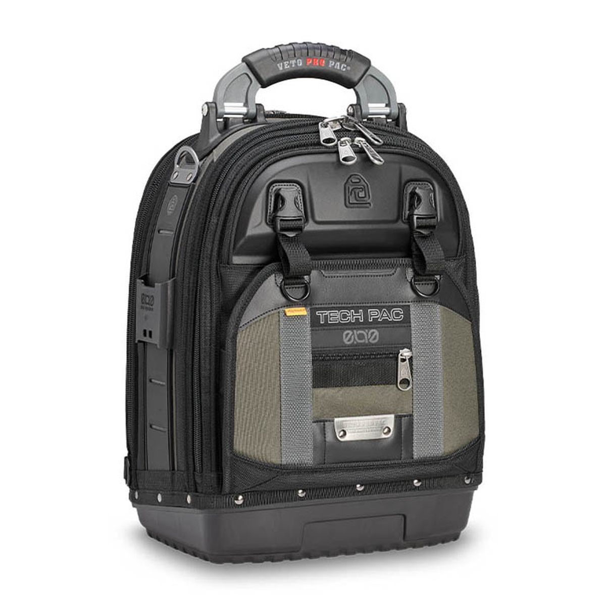 Veto Pro Pac TECH PAC EVO Large Tool Backpack front view showing structured body, thermoformed pocket, and protective plastic base on a shop background
