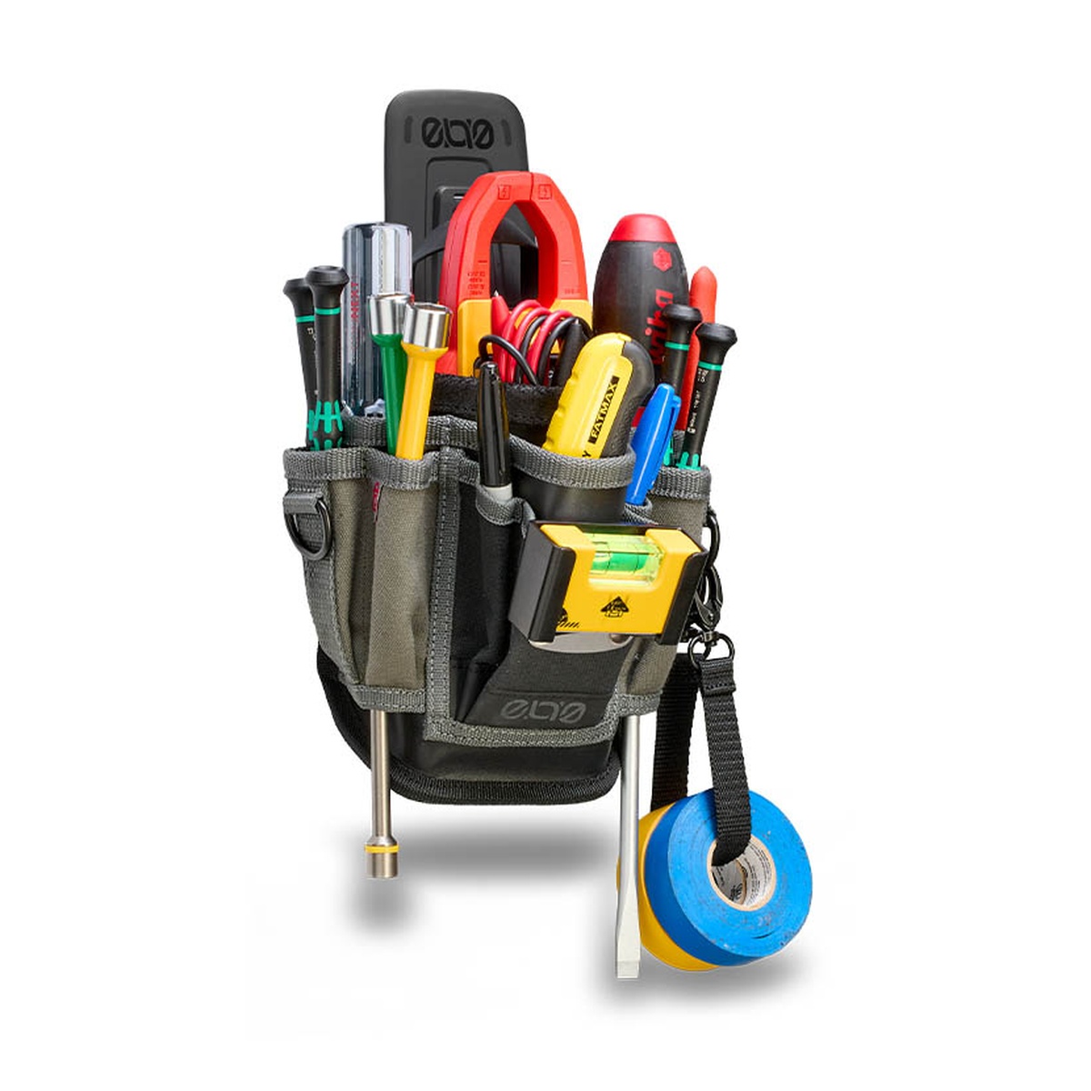 Veto Pro Pac MPM EVO Compact Multimeter and Tool Pouch Large loaded with a multimeter, hand tools, tape, and tester gear for electrical service work