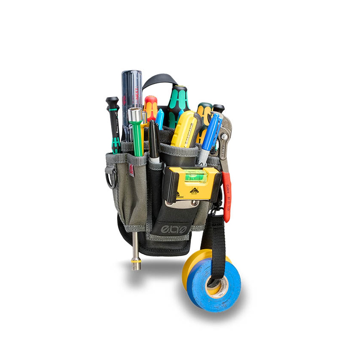Veto Pro Pac MP2 EVO Medium Tool Pouch loaded with electrical hand tools, driver handles, pliers, marker, tape, and pocket level for service work in a van or on equipment