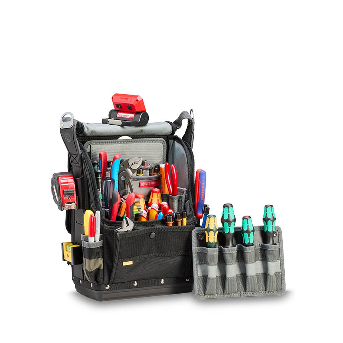 Veto Pro Pac TP-XXL EVO Extra Large Tool Pouch opened with hand tools organized in removable panels for technician service work
