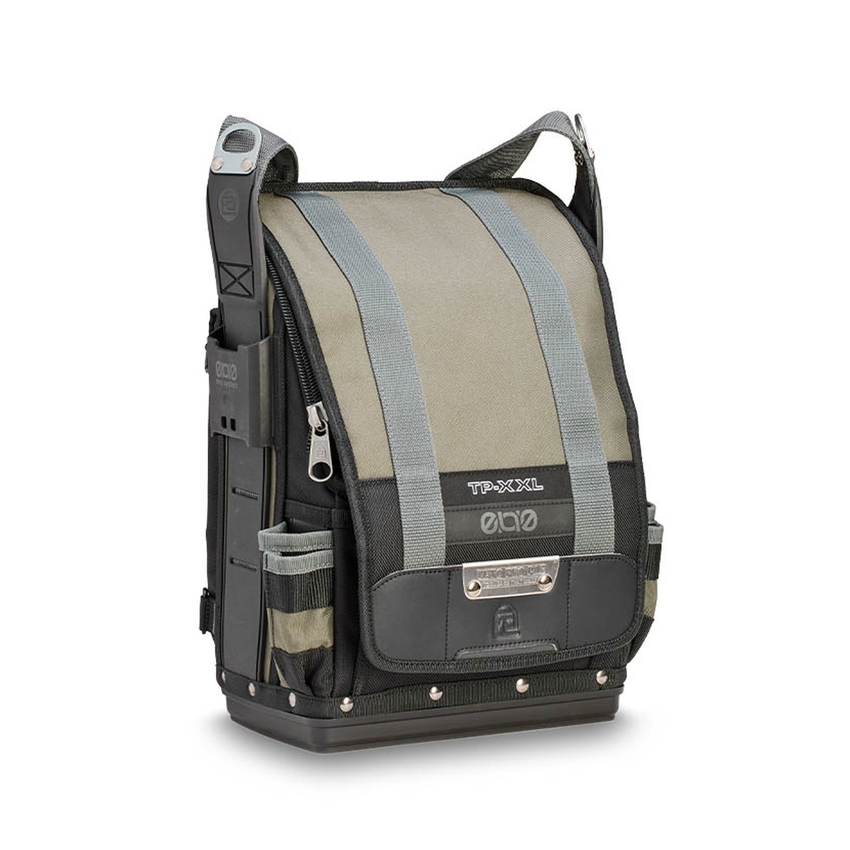 Veto Pro Pac TP-XXL EVO Extra Large Tool Pouch closed and ready for transport with shoulder strap carry option and rugged base