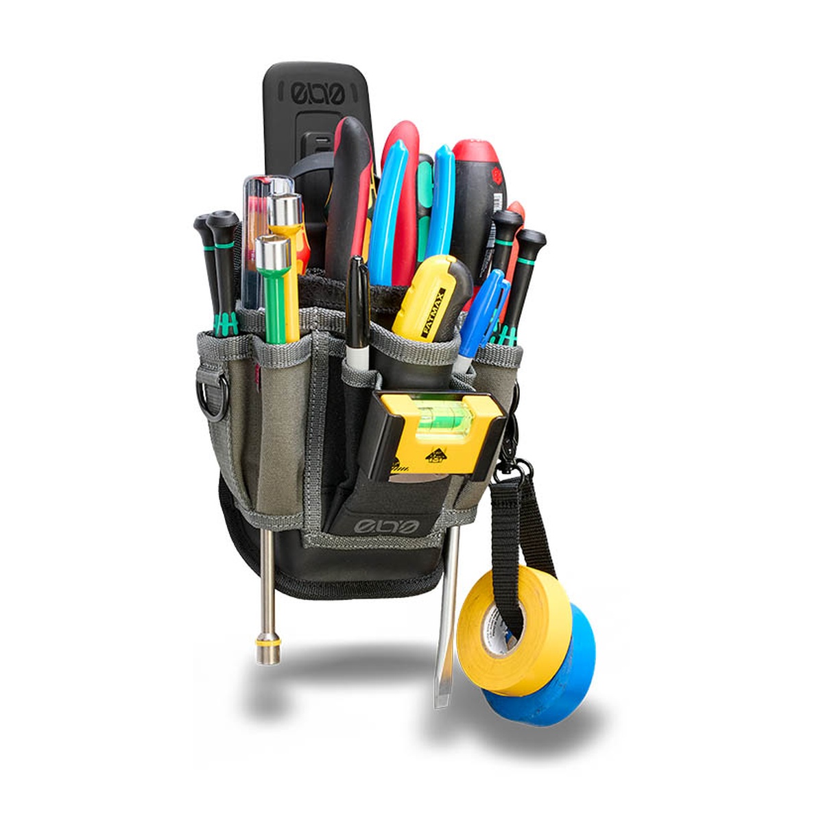 Veto Pro Pac MP3 EVO Medium Tool Pouch loaded with electrical hand tools, drivers, pliers, level, and tape for service work on a jobsite or in a work van