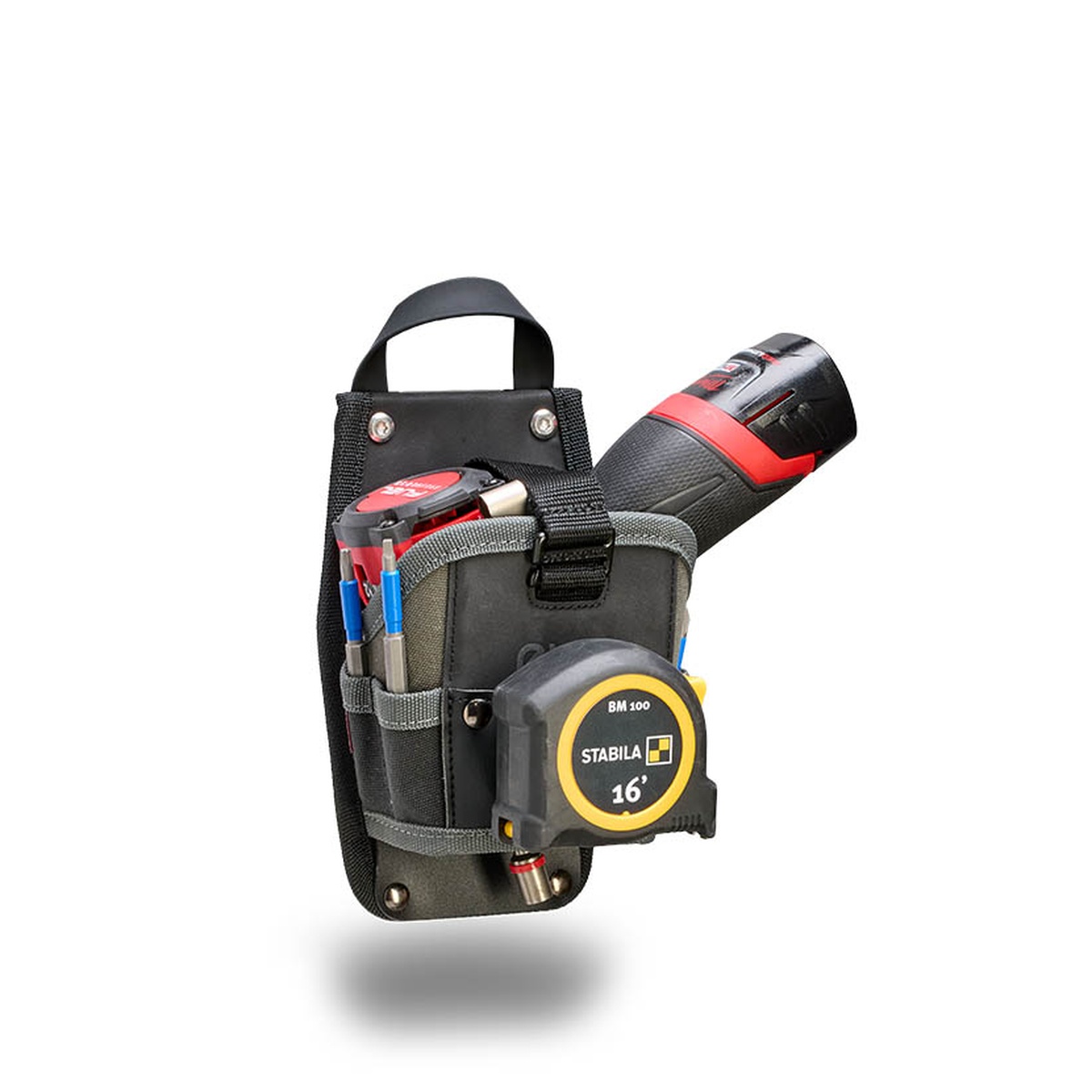 Veto Pro Pac DH EVO Compact Drill Holster holding a compact drill, driver bits, and a tape measure for fastening work on service calls and light install jobs
