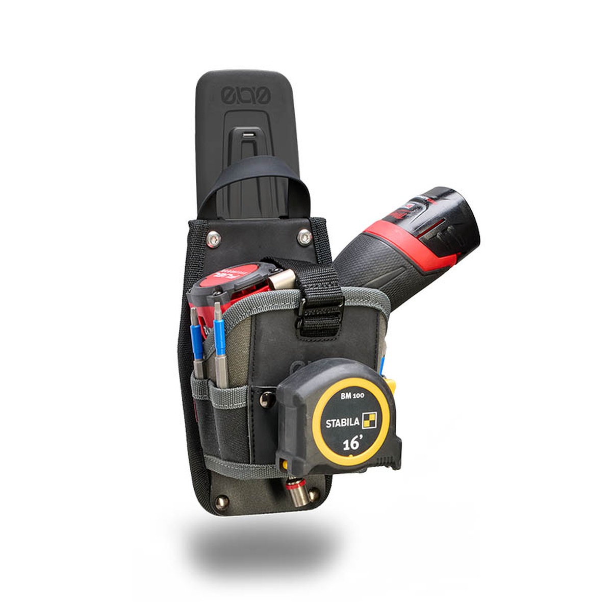 Veto Pro Pac DH EVO Compact Drill Holster with EVO System clip attached, shown as a compact drill holster for belts, tool bags, pockets, and metal surfaces in a work van