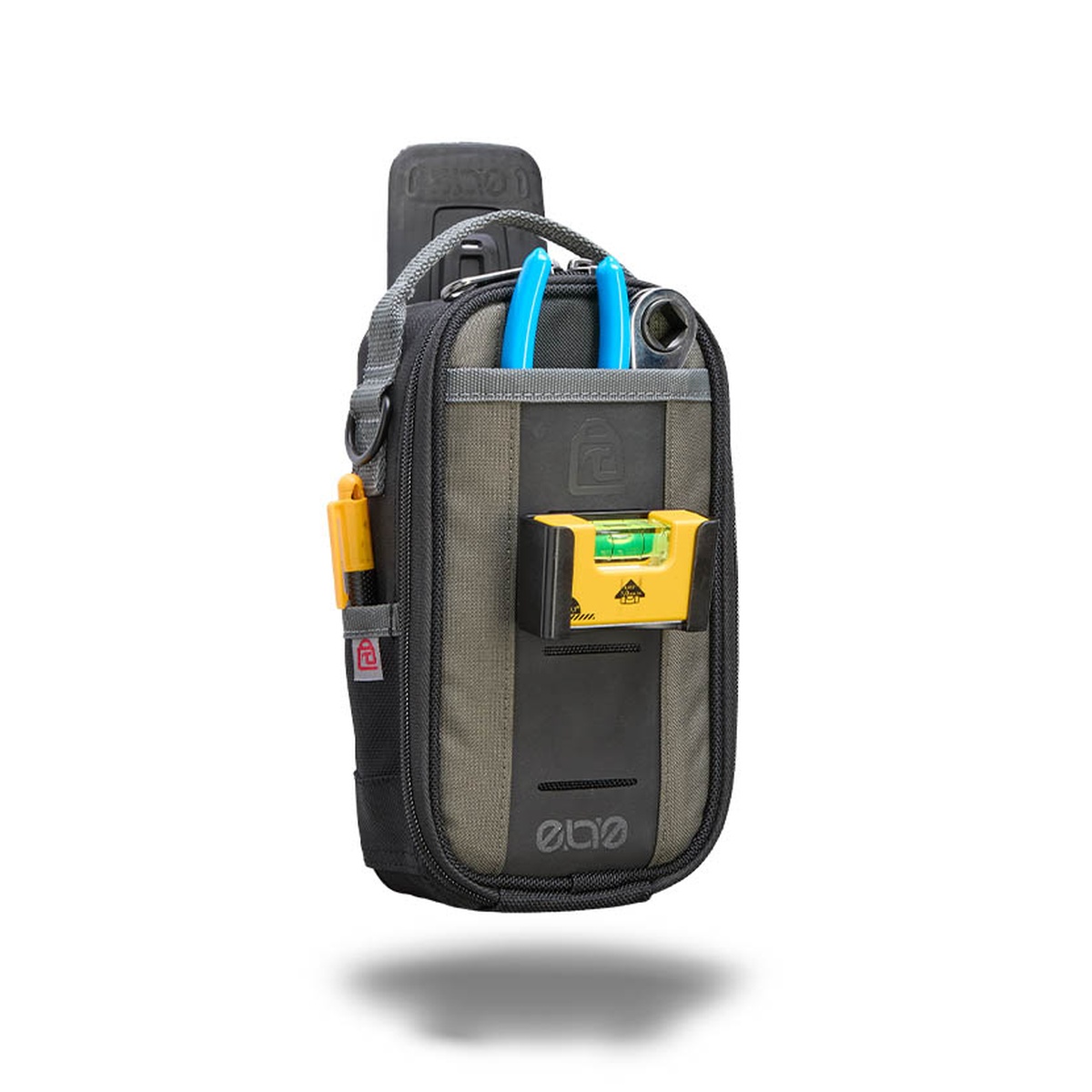 Veto Pro Pac MB-S EVO Compact Meter Bag Small holding a compact level and hand tools in a service-ready setup for electrical and diagnostic work
