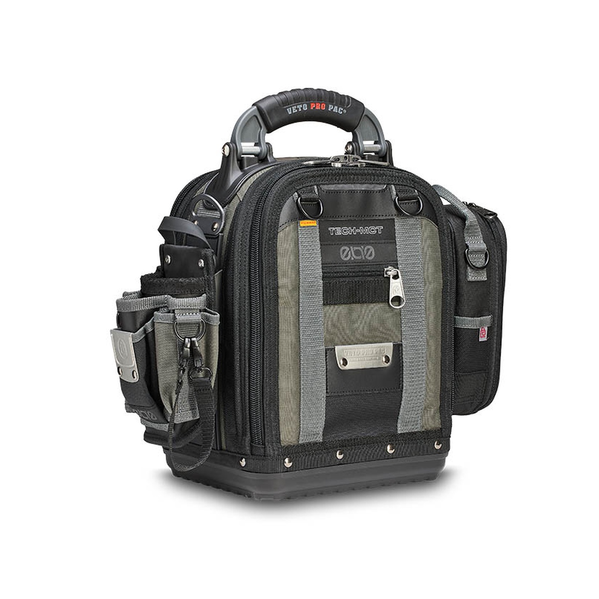 Veto Pro Pac TECH-MCT EVO Compact Service Tool Bag shown as a compact modular tool bag with attached side storage, front pocket layout, and carry handle for service work in electrical or HVAC environments