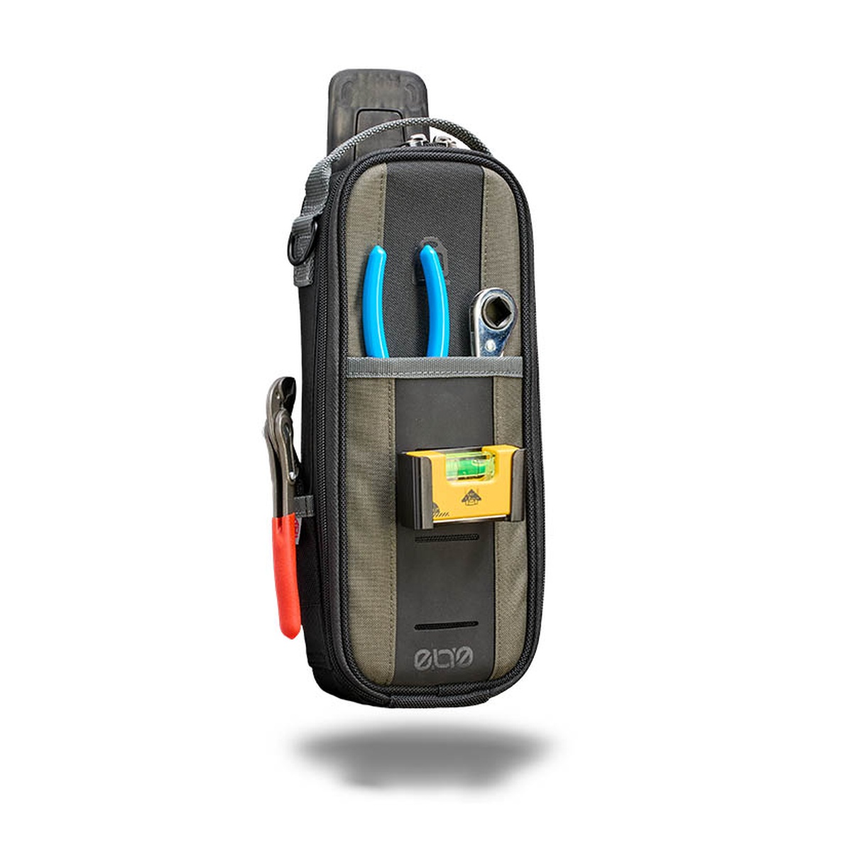 Veto Pro Pac MB-L EVO Large Meter Bag shown loaded with hand tools and testing gear in a compact service setup for electrical and HVAC field work