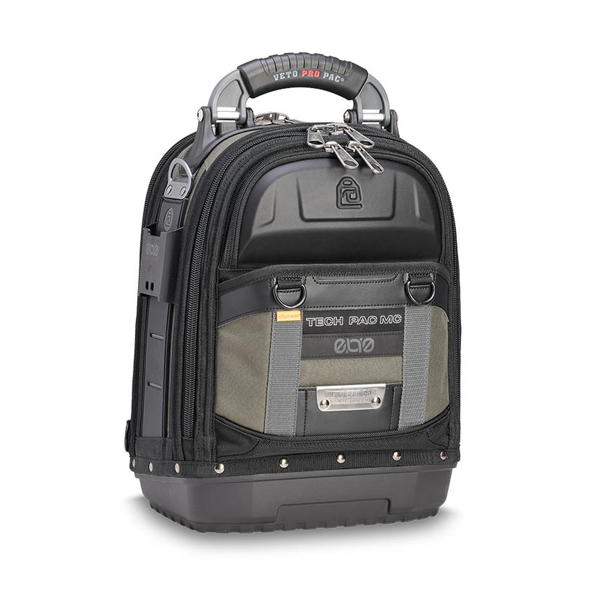 Veto Pro Pac TECH PAC MC EVO Compact Tool Backpack front view showing thermoformed front access pocket and compact jobsite-ready tool storage layout