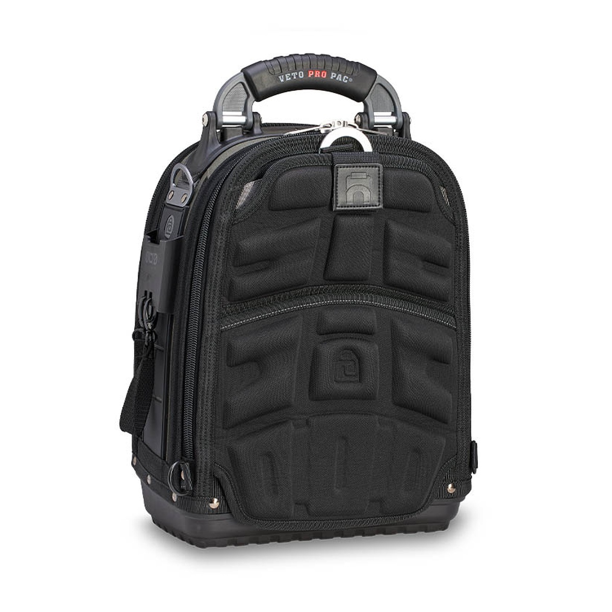 Veto Pro Pac TECH PAC MC EVO Compact Tool Backpack rear view showing padded back panel and removable backpack strap carry system for mobile technicians