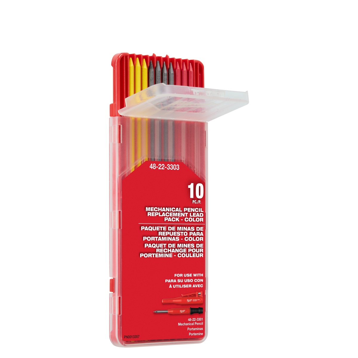 Milwaukee 48-22-3303 Mechanical Pencil Replacement Lead - Color open case showing organized lead pieces for quick refill access in a tool bag or shop drawer