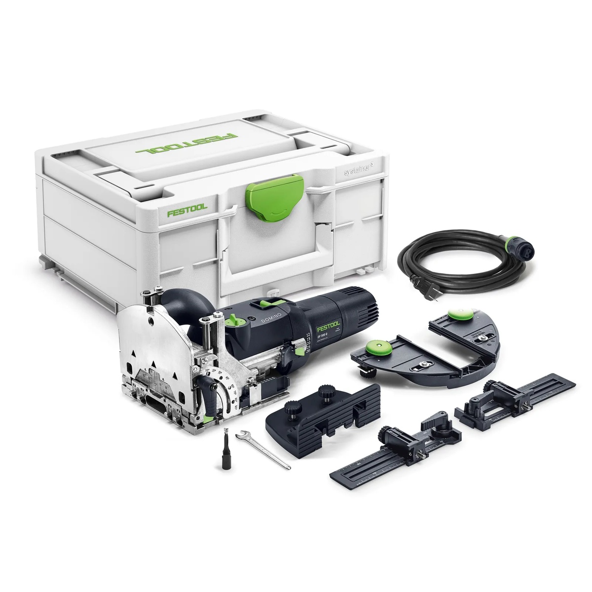 Festool 578544 Domino Joiner DF 500 RQ Set with Systainer, cord, stops, cutter, and accessories laid out for cabinet and furniture joinery