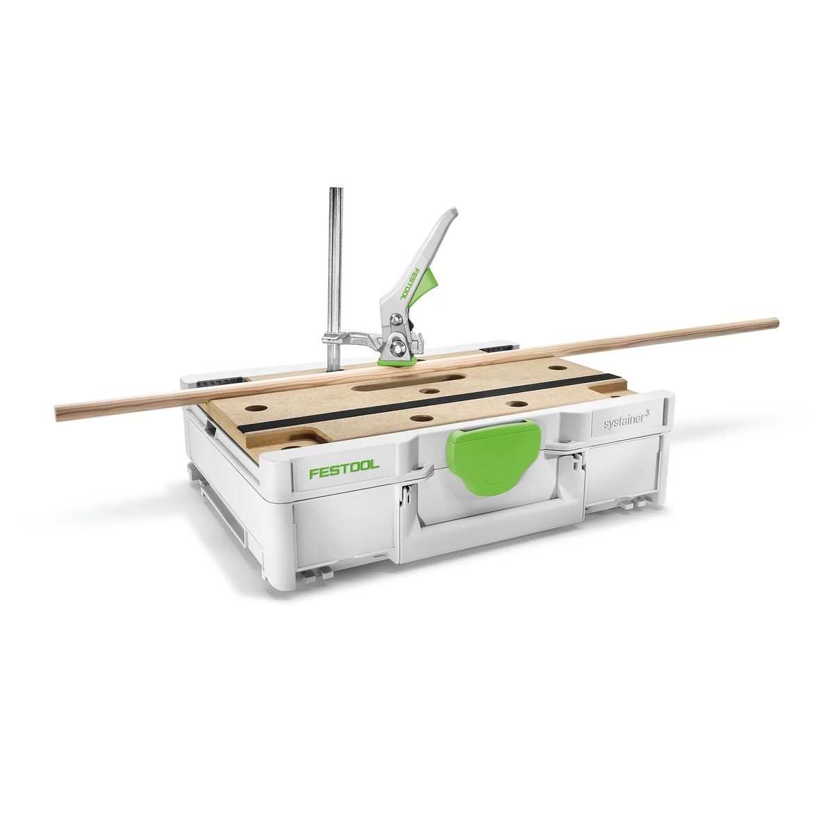 Festool SYS3-MFT M 112 Systainer with clamp holding a long round rod across the top, showing support for trim, dowels, pipes, and other long material