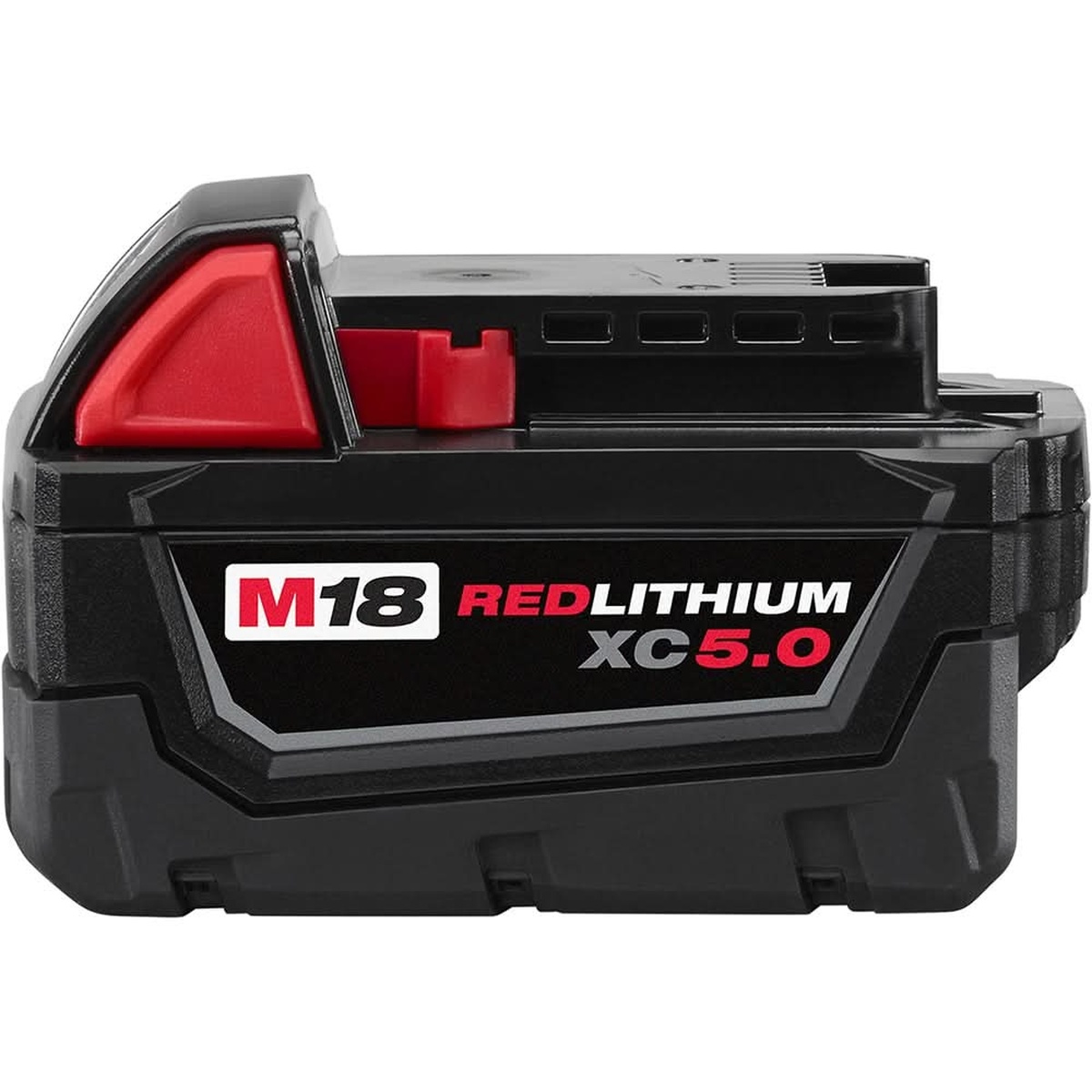 Milwaukee 48-11-1850 M18 REDLITHIUM XC 5.0Ah Extended Capacity Battery Pack shown as a standalone battery pack for M18 cordless jobsite tools on a clean background