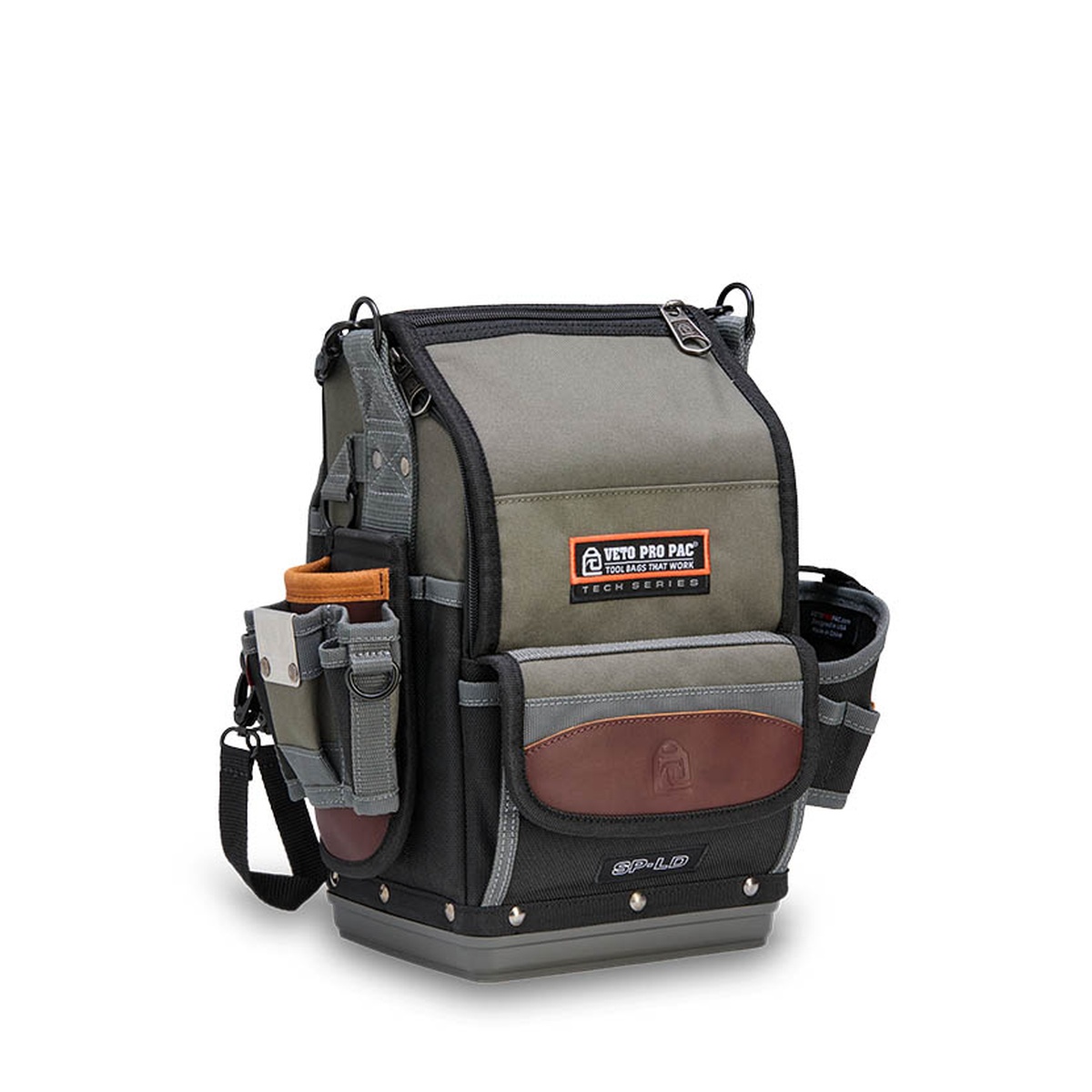 Veto Pro Pac SP-LD Closed Top Tool Pouch shown with removable side pouches attached for service tool storage on a jobsite