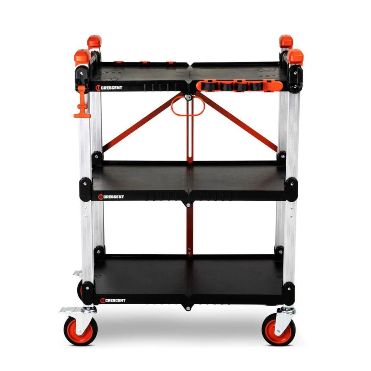 Crescent F3SCBL SITERUNNER 3 Shelf Folding Jobsite Cart shown fully opened with three shelves, handles, and casters on a clean background