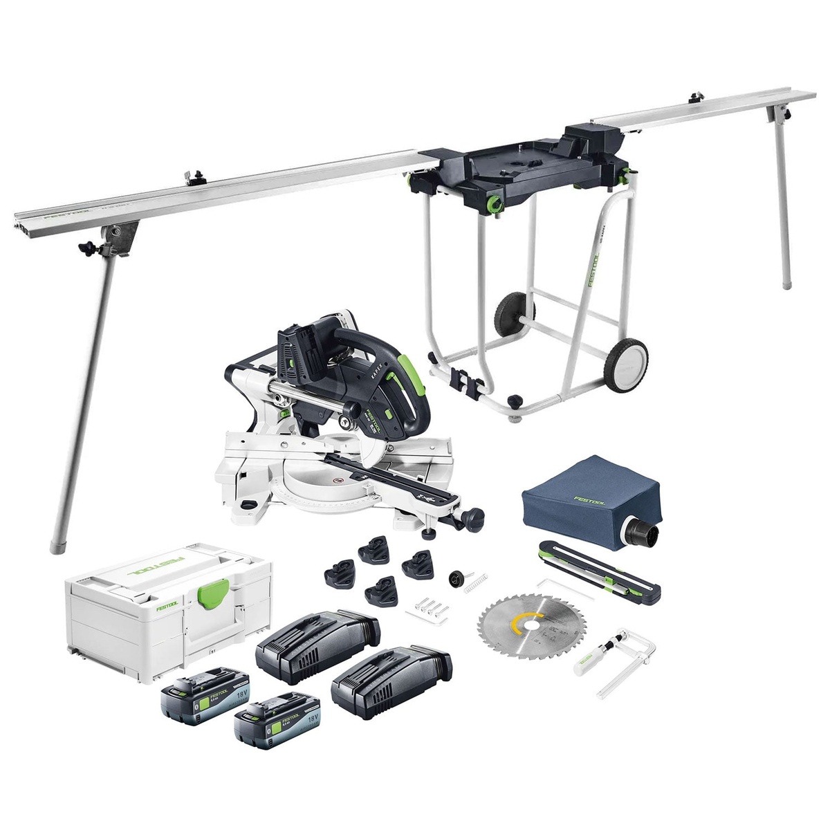 Festool LIMITED EDITION Kapex KSC 60 EB Cordless Dual-18V Miter Saw 8.0 Kit + UG Stand w Extensions with underframe batteries chargers blade and Systainer laid out on white background
