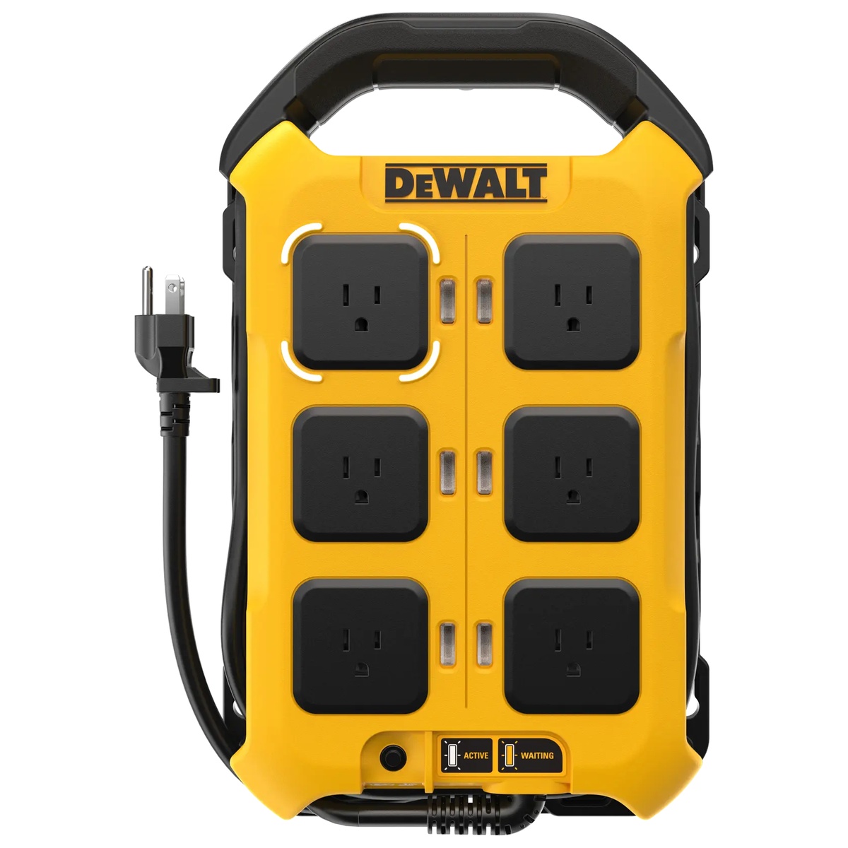 DEWALT DCBPC1615 15 Amp Power Controller front view showing priority outlet and status indicators for battery charger management in a cordless tool charging setup
