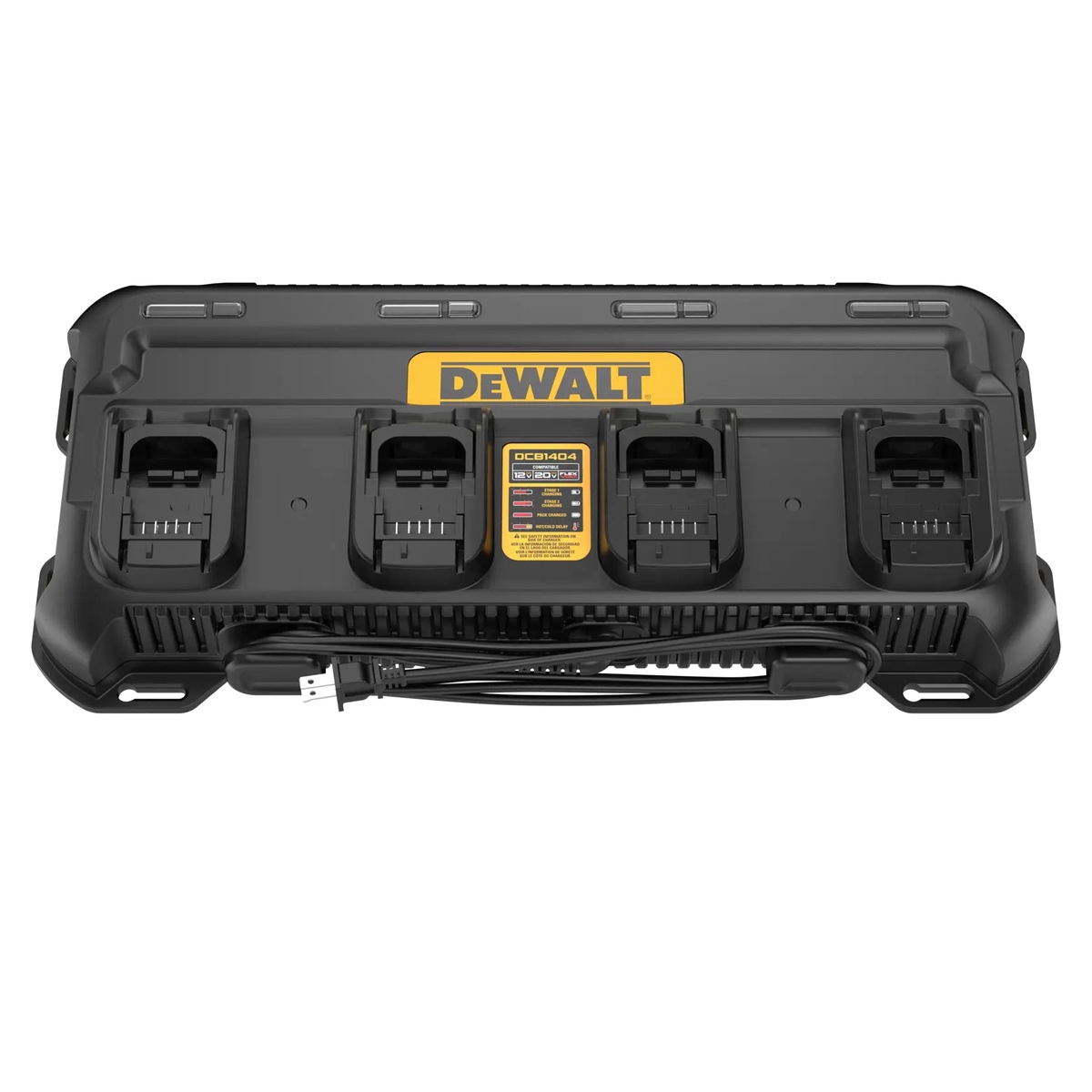 DEWALT 4 AMP Multiport Charger shown as a four-port battery charging station for DEWALT cordless tool batteries in a shop or jobsite setup
