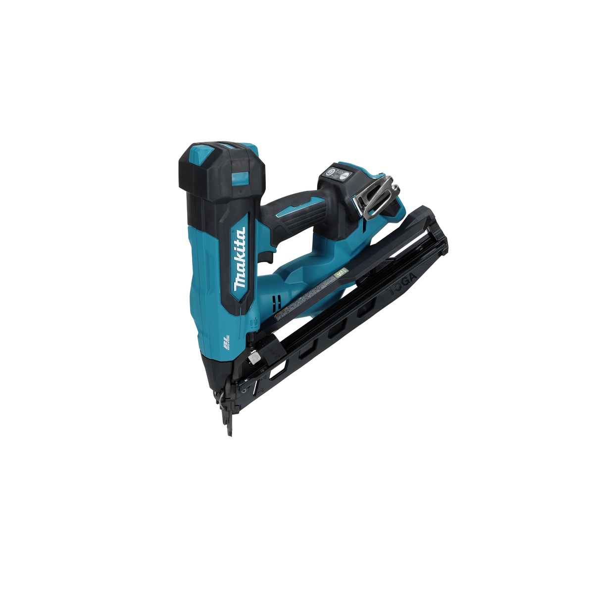 Makita XNB08Z 18V LXT angled finish nailer shown in a clean studio view with 15 gauge magazine attached, highlighting the cordless trim fastening layout for interior finish work