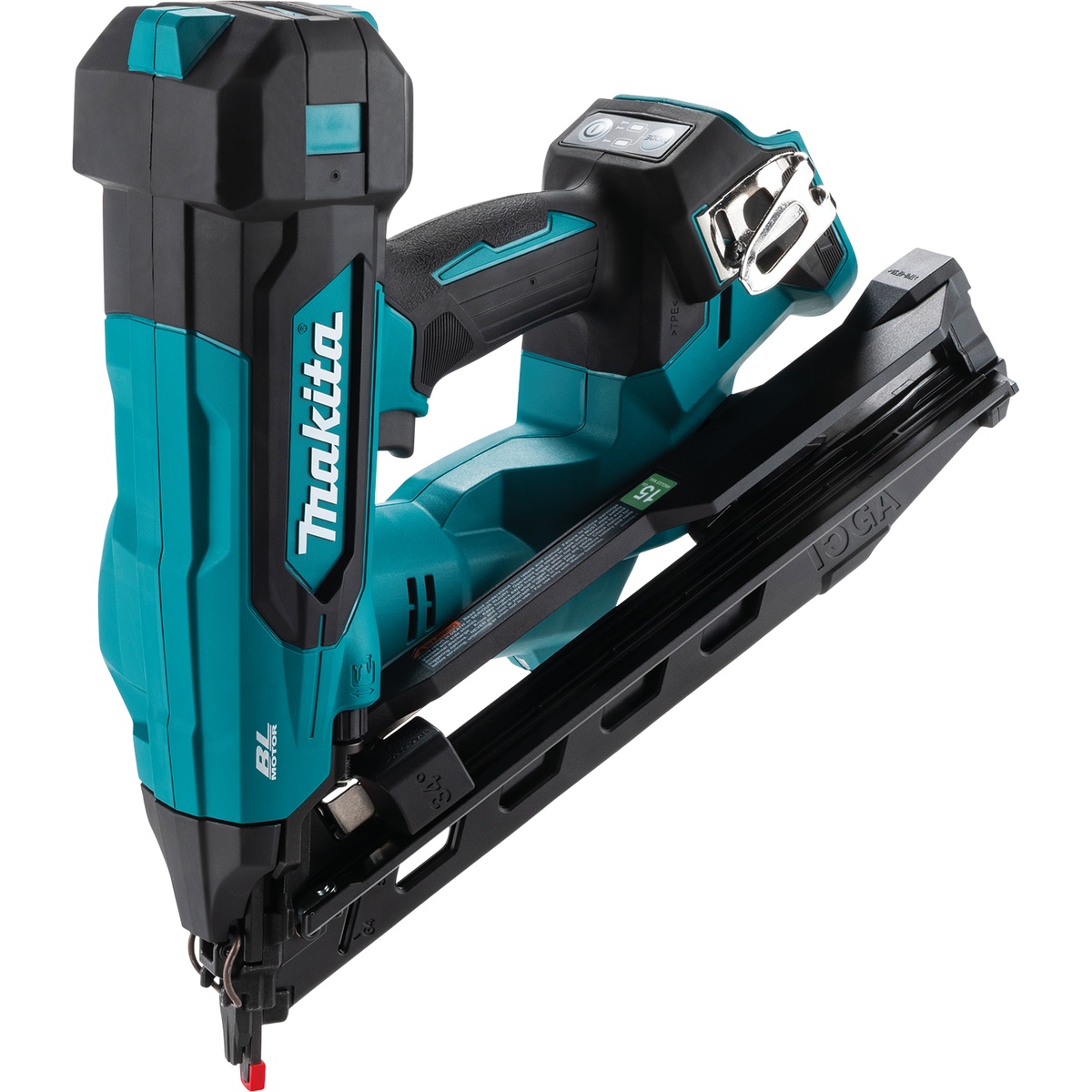 Makita XNB08Z 18V LXT Lithium-Ion Brushless Cordless 2-1/2 Inch 15 Gauge Angled Finish Nailer close product view showing slim nose, angled magazine, and compact body for casing and door jamb fastening