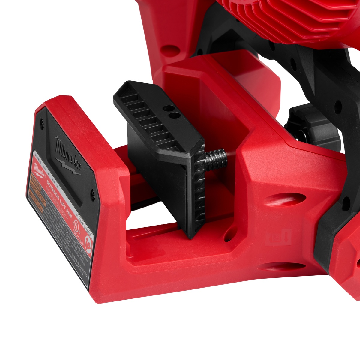 Milwaukee 0817-20 M18 Brushless Scissor Lift Fan close-up of quick-adjust clamp hardware for lift rail mounting