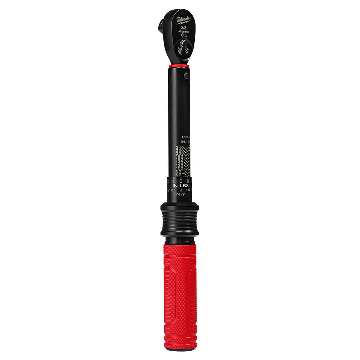 Milwaukee 48-22-9201 3/8-in. Drive Click Torque Wrench full product view showing laser-etched torque scale and knurled handle