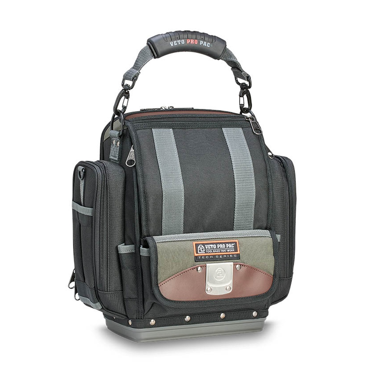 Veto Pro Pac SB-XXL Medium Hybrid Tool Bag shown closed on a clean background, highlighting the top carry handle, front flap, and compact service bag layout for organized field work
