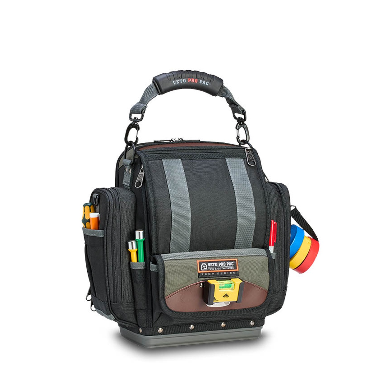Veto Pro Pac SB-XXL Medium Hybrid Tool Bag loaded with hand tools, tape, and service accessories, showing side storage pockets and front organization for HVAC and electrical work