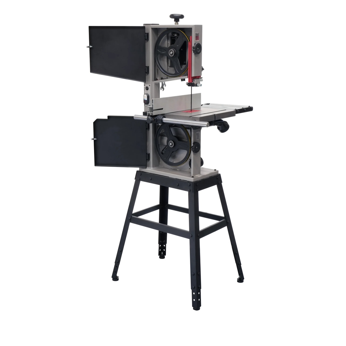 Laguna MBAND10V10 V:10 bandsaw with doors open showing internal wheel layout for blade tracking, maintenance, and woodworking setup