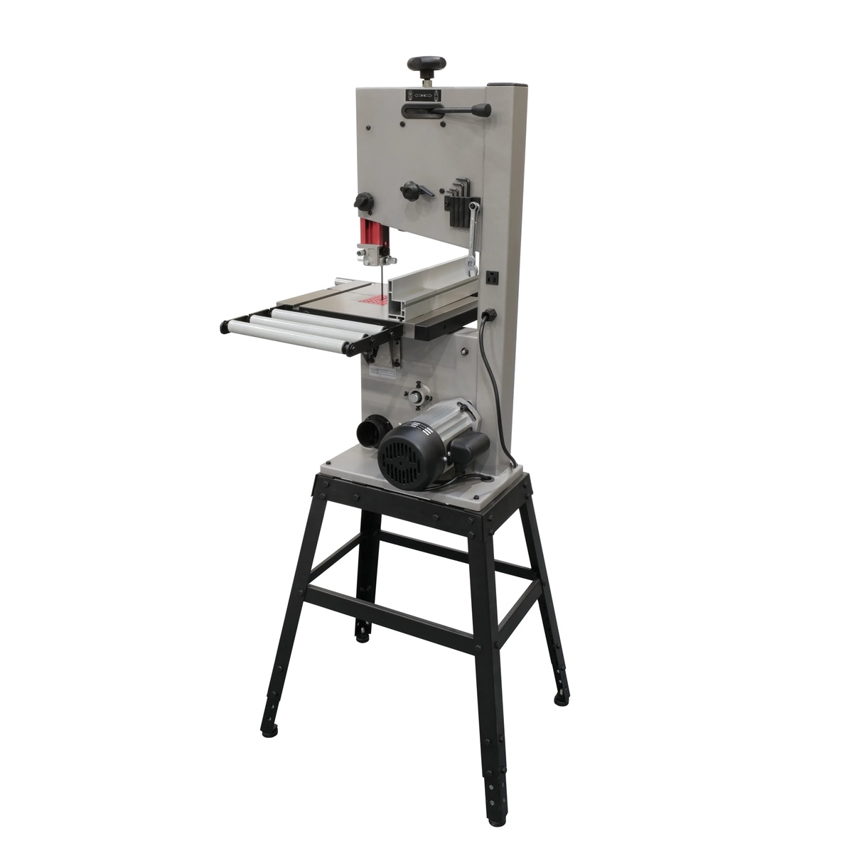 Laguna MBAND10V10 V:10 bandsaw rear view showing motor and dust collection ports for cleaner woodworking operation