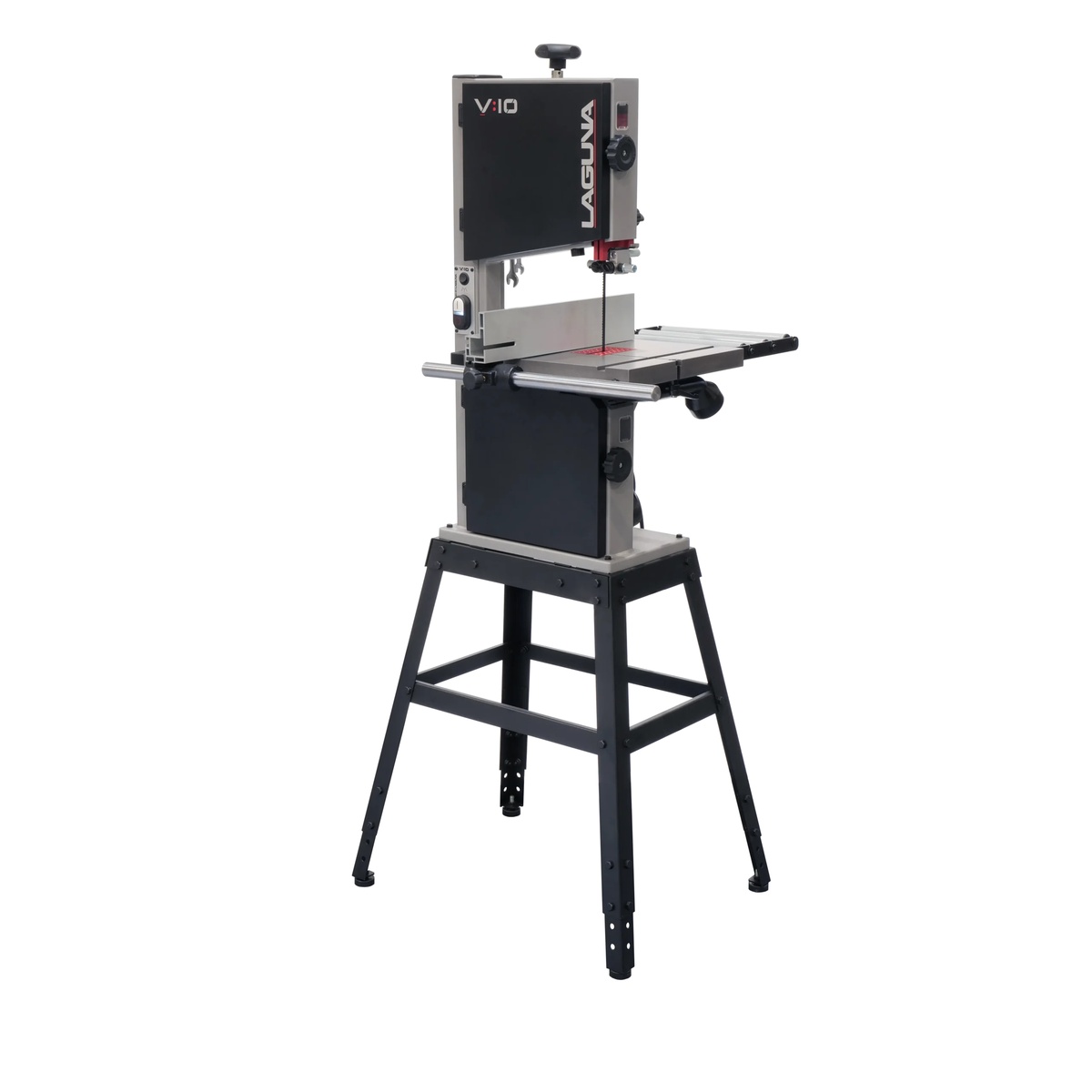 Laguna MBAND10V10 V:10 bandsaw shown assembled on stand in a woodworking shop-ready setup for precision cutting and small resaw work