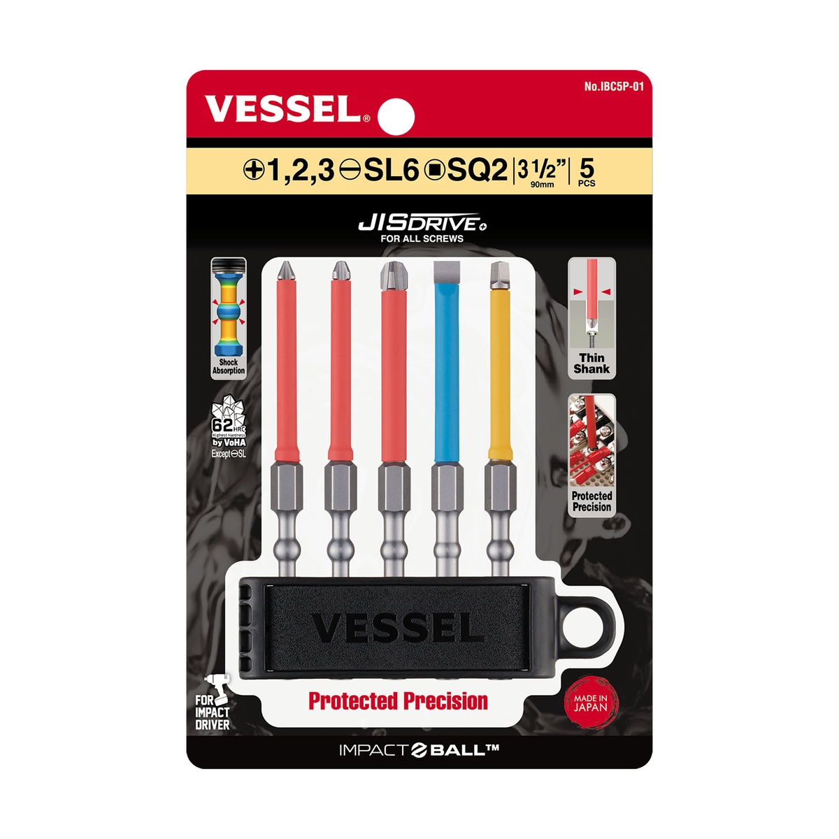 Vessel IMPACT BALL Torsion Bit with Coated Tube 5PC Set IBC5P01 showing five 100mm impact driver bits in holder