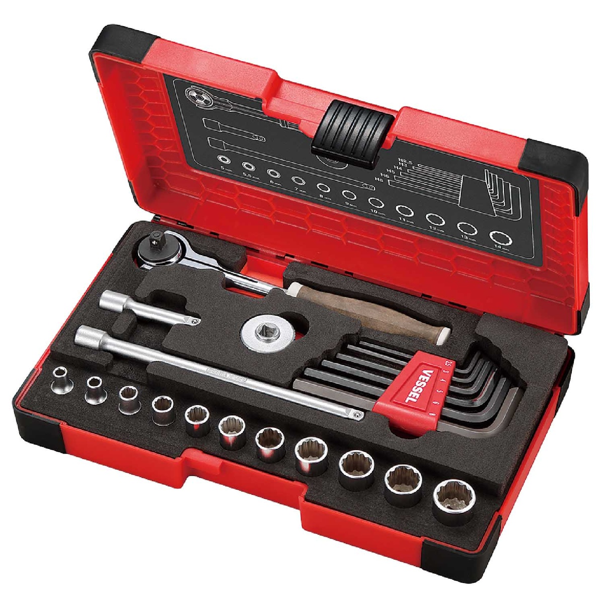 Vessel WOOD-COMPO Swivel Socket Wrench Set No.HRW2004MSW open in hard case with swivel-head ratchet, metric sockets, extensions, and hex keys arranged for compact fastening and repair work