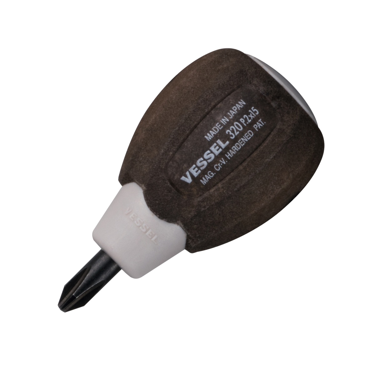 Vessel 320P215 Wood-Compo Stubby Screwdriver shown as a compact Phillips screwdriver with wood-composite handle and short black chrome shank for tight-space fastening