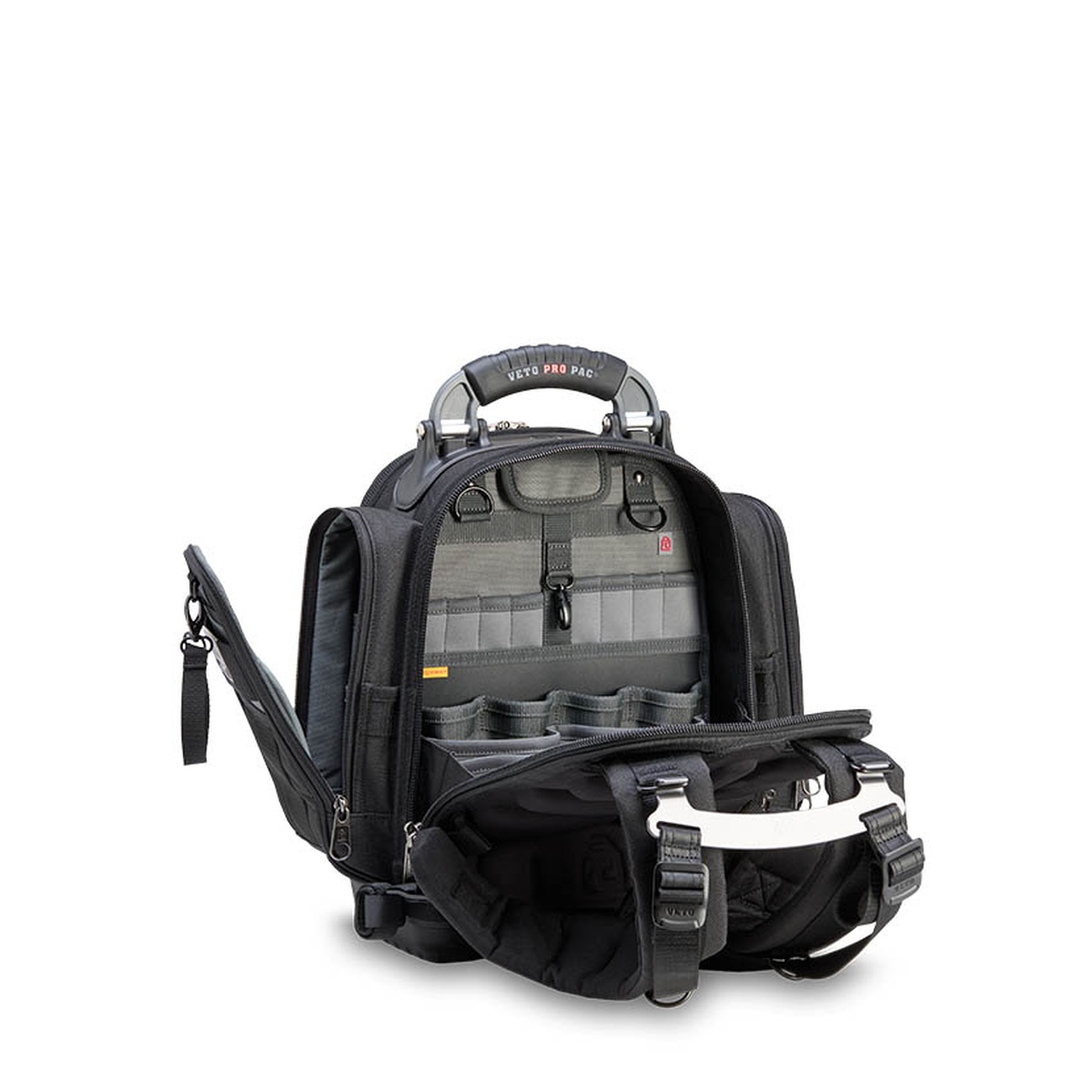 Veto Pro Pac Tech Pac MCP Blackout tool backpack opened to show interior tool organization, removable panel system, and storage layout for electrical, HVAC, and maintenance service work
