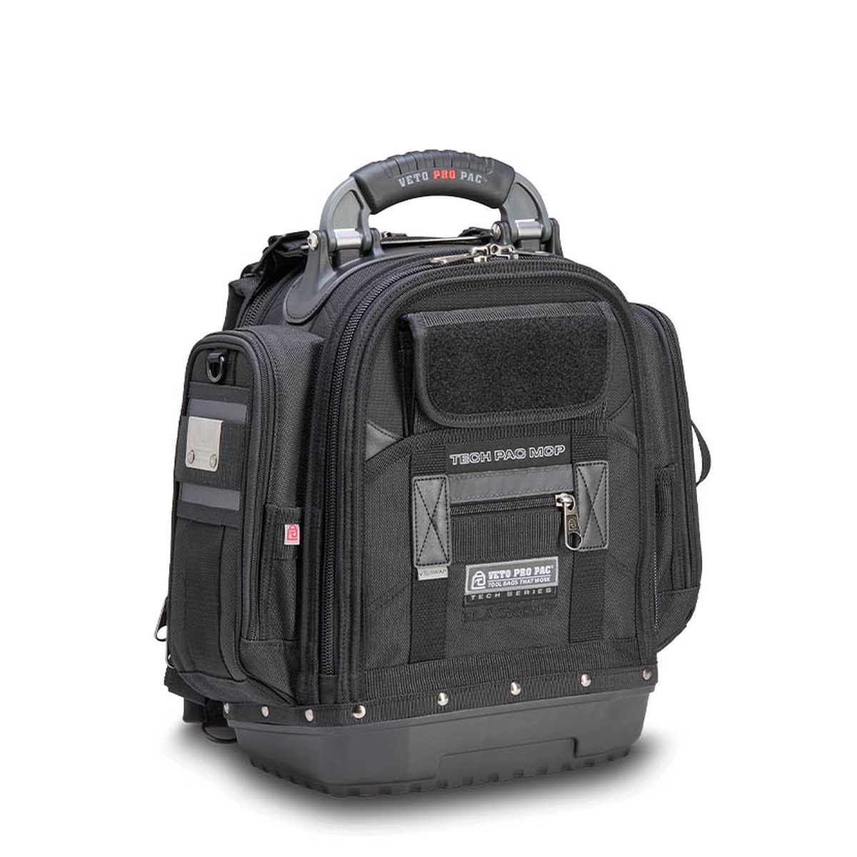 Veto Pro Pac Tech Pac MCP Blackout tool backpack shown from the front on a clean background, highlighting the compact service bag layout, side pocket, and reinforced base for technician tool storage
