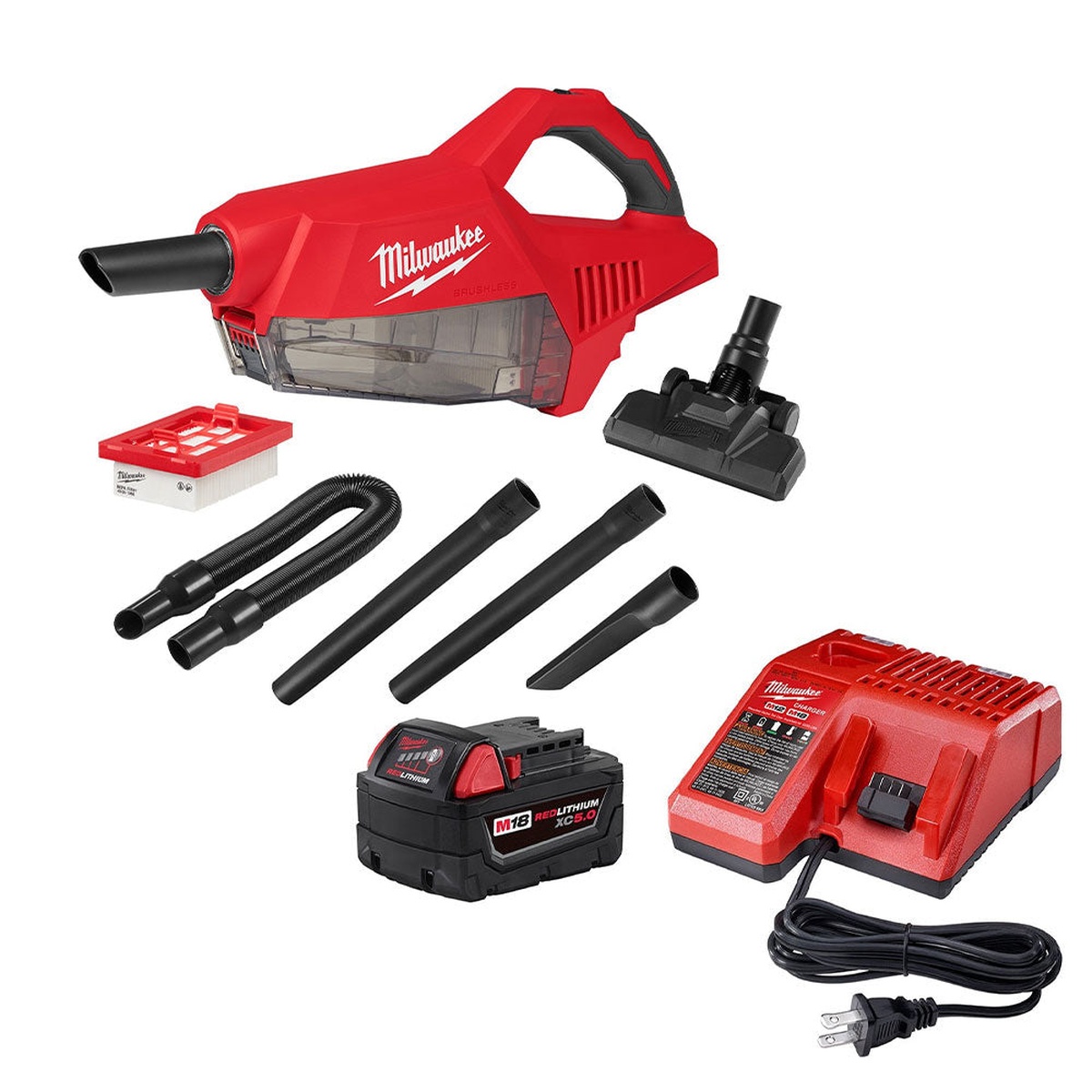 Milwaukee 0892-20 M18 Brushless Handheld Vacuum kit with battery charger HEPA filter hose extension wands crevice tool and floor tool on a clean background