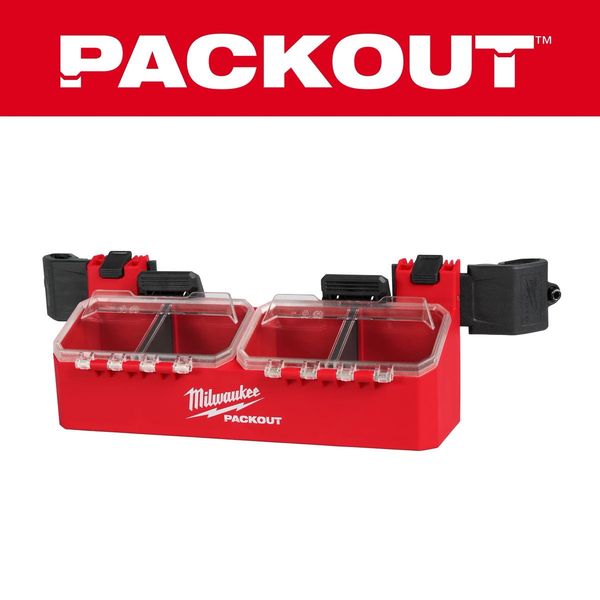 Milwaukee 48-22-8610 PACKOUT Tool Box 2-Bin Attachment product view showing the dual bins, clear lids, and mounting points for PACKOUT tool boxes