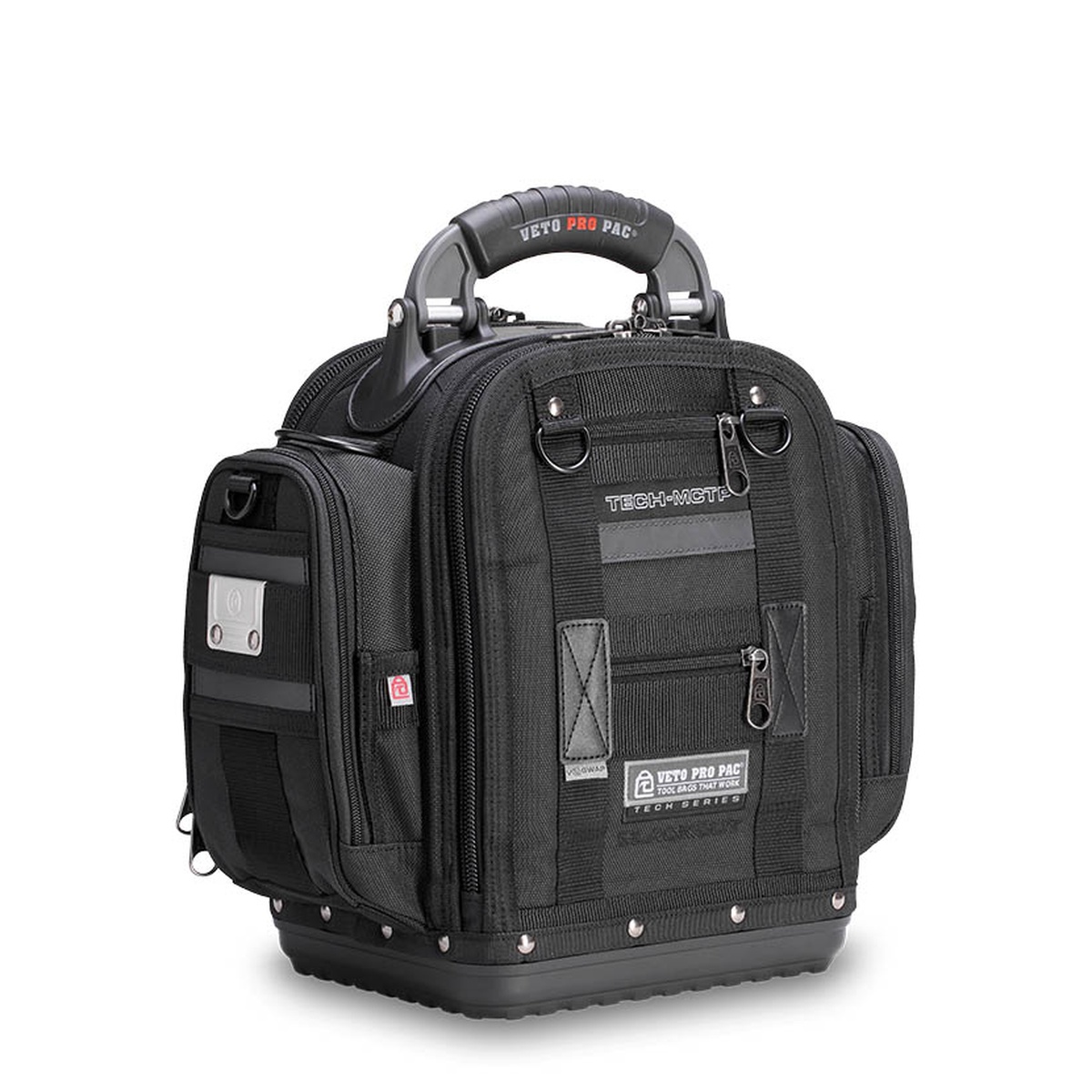 Veto Pro Pac TECH-MCTP Blackout Compact Service Tool Bag closed with side pockets and waterproof base shown for daily technician transport and jobsite use