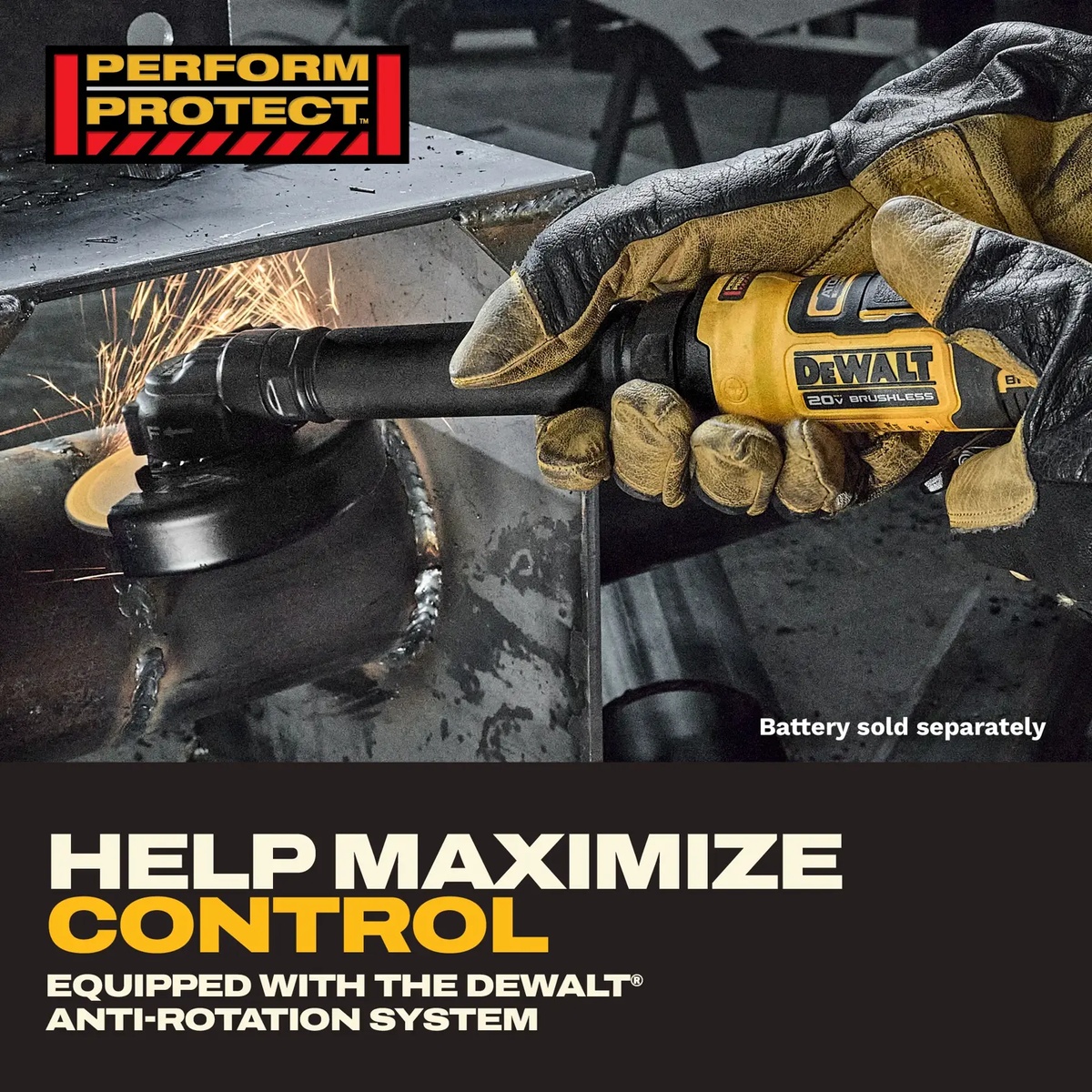 DEWALT DCG432XB ATOMIC 20V MAX 4 in. Extended Cut-Off Tool cutting welded steel plate with sparks during fabrication work