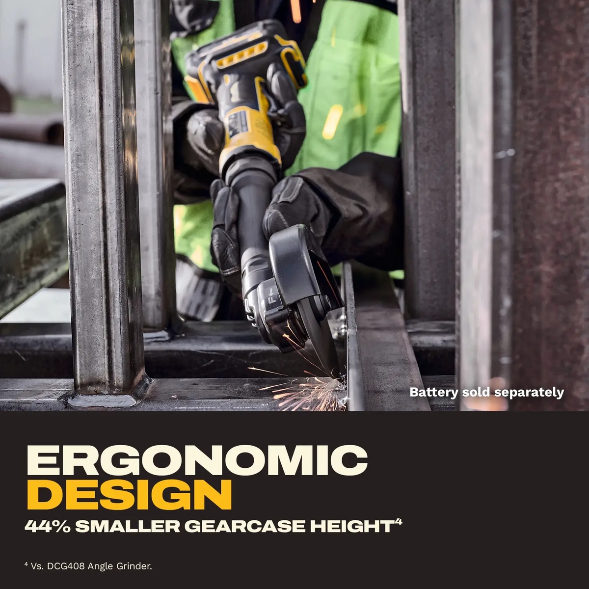 DEWALT DCG432XB ATOMIC 20V MAX 4 in. Extended Cut-Off Tool making a metal cut inside structural steel framing on a jobsite