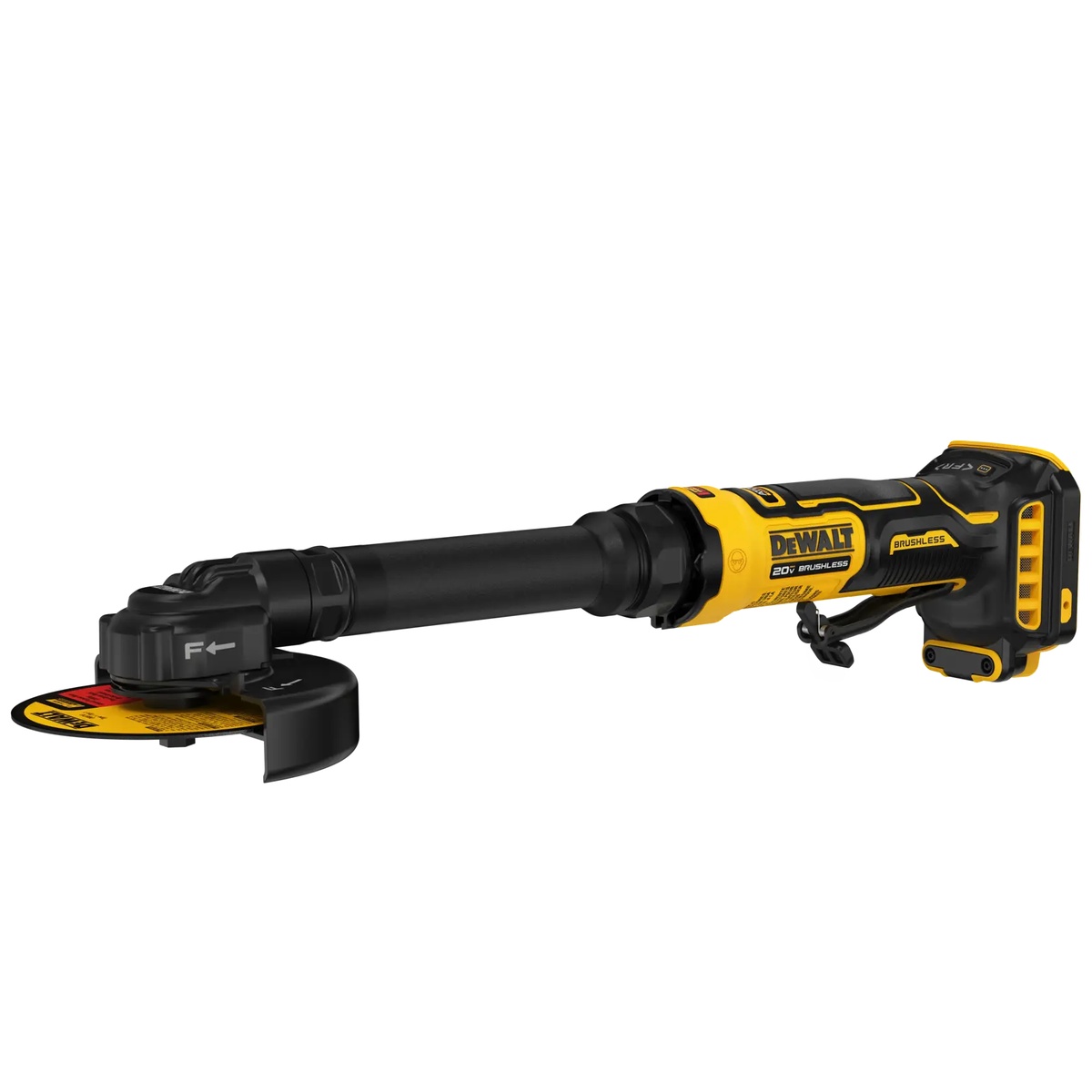 DEWALT DCG432XB ATOMIC 20V MAX 4 in. Extended Cut-Off Tool product view showing the extended neck, rotating guard, and cordless battery interface