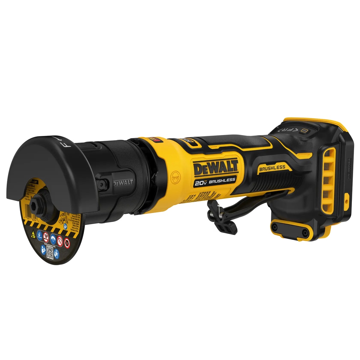 DeWALT DCG430B ATOMIC 20V MAX 3 in. Cut-Off Tool shown with installed cutting wheel for cordless metal cutting in tight jobsite spaces