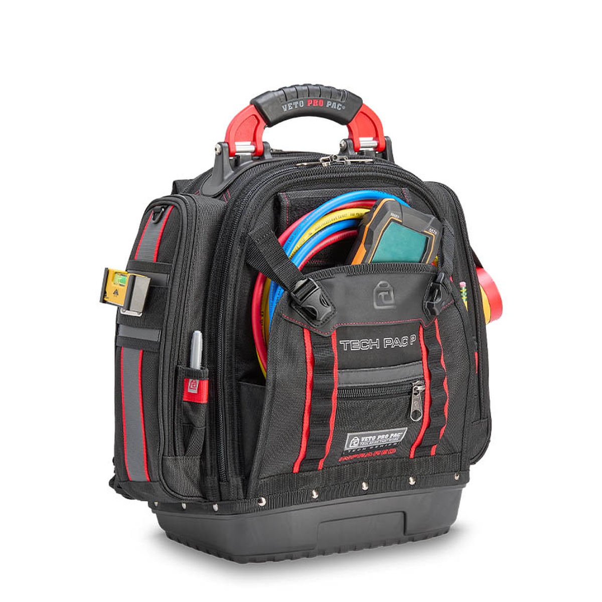 Veto Pro Pac TECH PAC P INFRARED tool backpack loaded with hoses and a meter for HVAC and service work