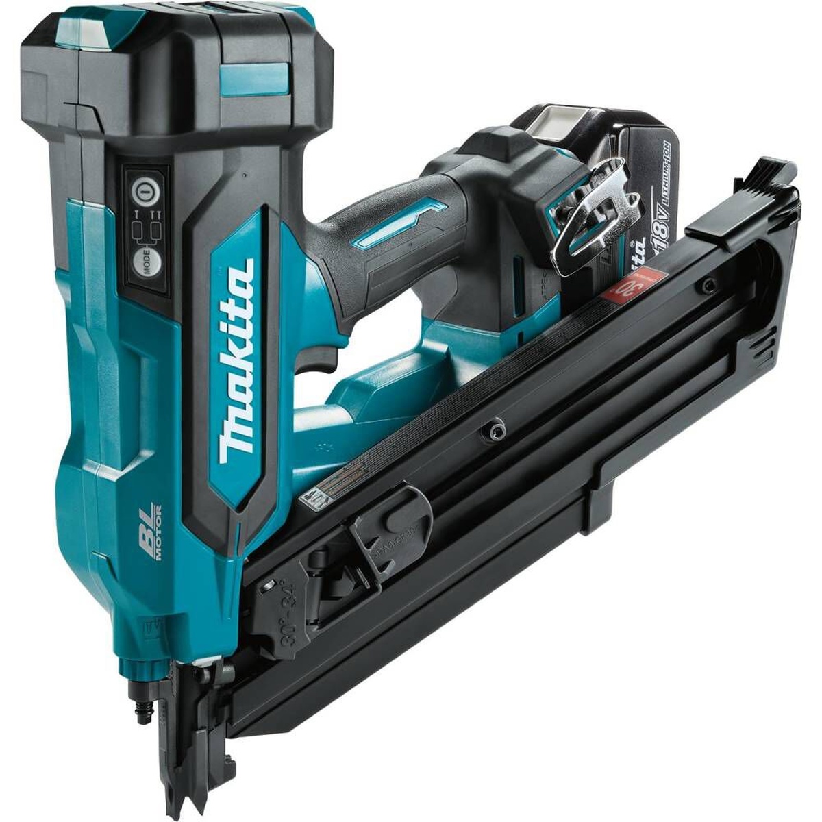 Makita XNB07M1 18V LXT Brushless 30-Degree Clipped Head 3-1/2-in. Framing Nailer 4.0Ah Kit side view showing the cordless framing nailer body, battery interface, and magazine for structural fastening on a jobsite