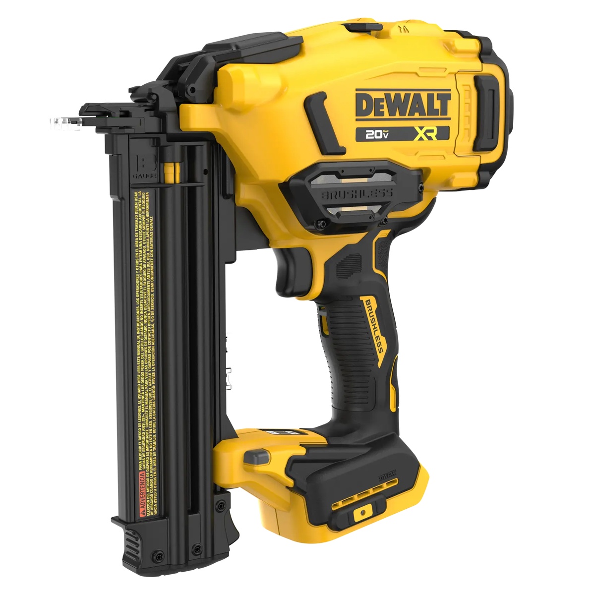 DEWALT DCN210B 20V MAX XR 18 Gauge Brad Nailer product view showing the cordless body, magazine, and compact finish nailer layout for trim fastening applications