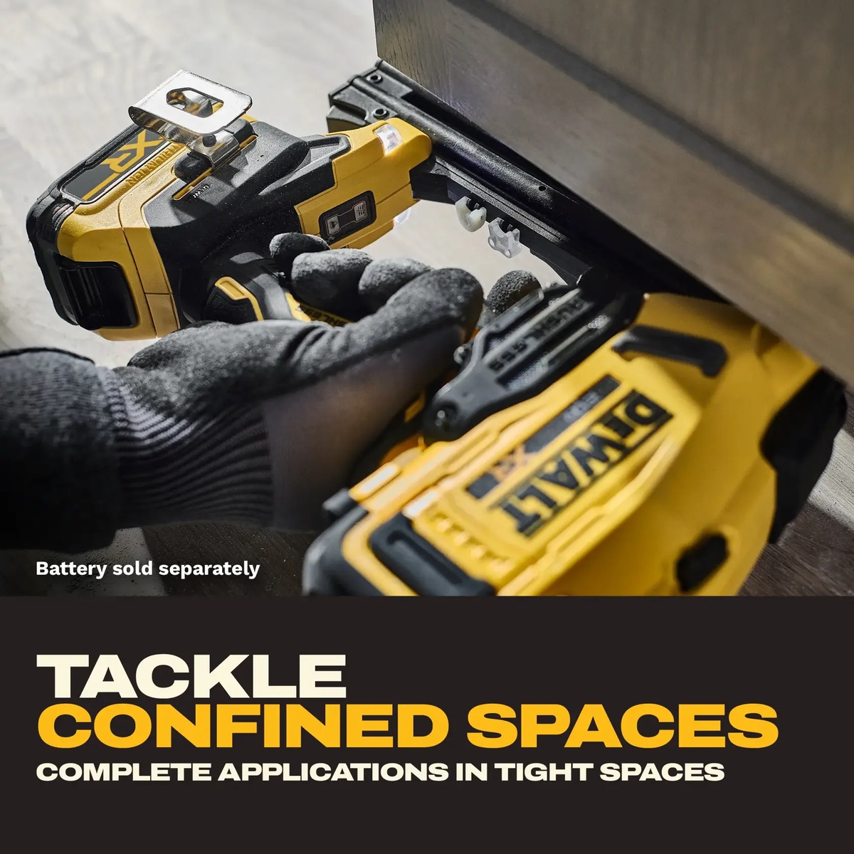 DEWALT DCN210B 20V MAX XR 18 Gauge Brad Nailer driving brads into trim at floor level in a confined installation area during interior finish carpentry